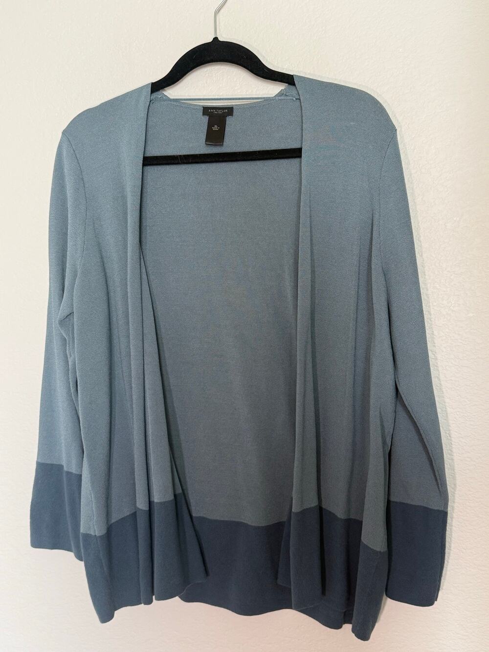 Ann Taylor Factory Open Front Colorblock Cardigan Sweater Dusty Blue Gray XL